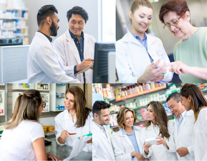 Collage of Pharmacists in a Team and Talking with Customers 3